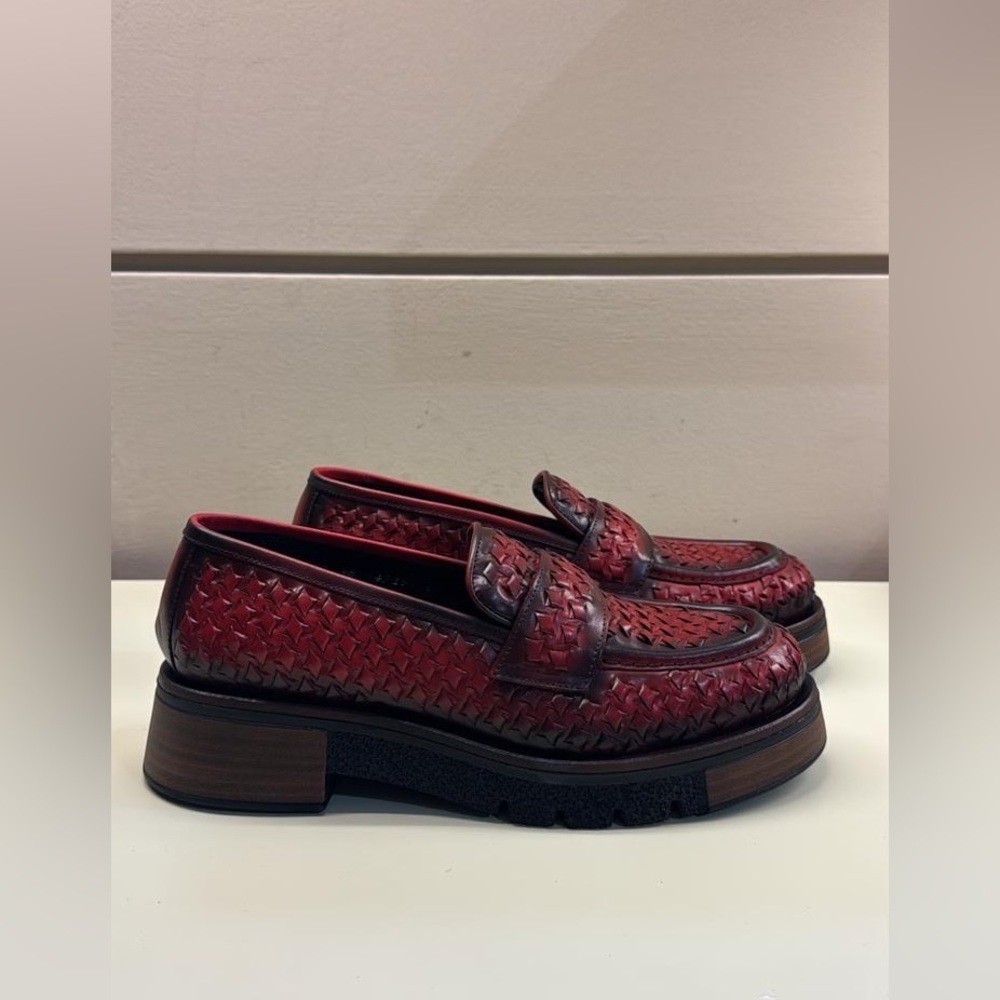 Pons Quintana Woven Leather Penny Loafers in Burgundy made in Spain